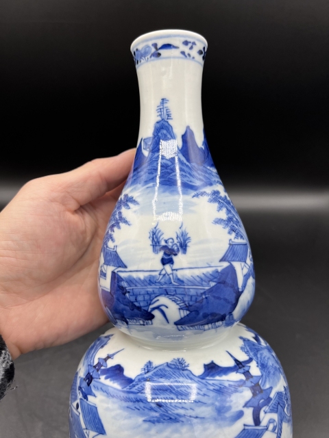 古玩陶瓷晚清青花漁樵耕讀圖葫蘆瓶拍賣,當前價格10000元