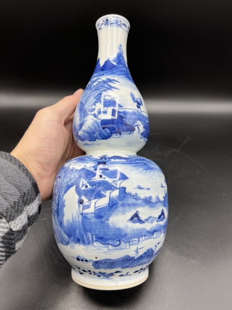 古玩陶瓷晚清青花漁樵耕讀圖葫蘆瓶拍賣,當前價格10000元