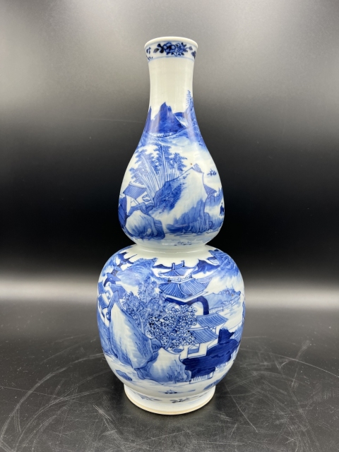 古玩陶瓷晚清青花漁樵耕讀圖葫蘆瓶拍賣,當前價格10000元