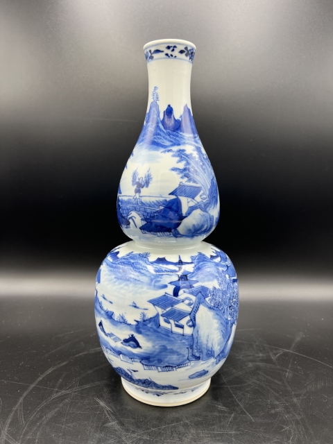 古玩陶瓷晚清青花漁樵耕讀圖葫蘆瓶拍賣,當前價格10000元
