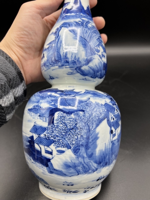 古玩陶瓷晚清青花漁樵耕讀圖葫蘆瓶拍賣,當前價格10000元
