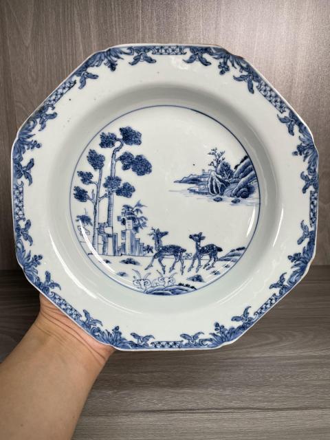 古玩陶瓷清康雍 極品青花雙鹿圖八方盤拍賣，當(dāng)前價格1960元