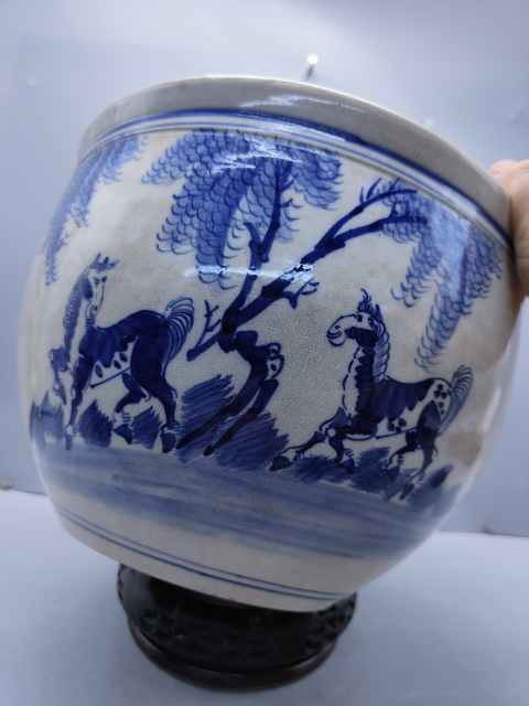 古玩陶瓷青花雙馬紋馬蹄尊拍賣，當前價格8600元