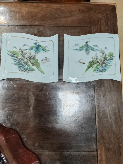 古玩陶瓷民國粉彩山水人物瓷板畫一對拍賣,當前價格2800元