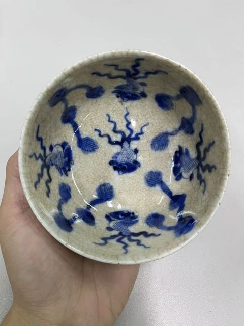 域鉴古玩】【道光】【收藏级】哥釉青花金玉满堂博古图墩式碗
