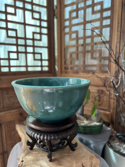 古玩陶瓷【超大器型·孔雀藍】哥釉撇口大碗拍賣，當前價格11000元