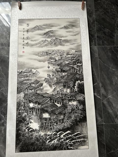 古玩字畫諸明老師精品寫生《古寨風(fēng)情》拍賣，當(dāng)前價格750元
