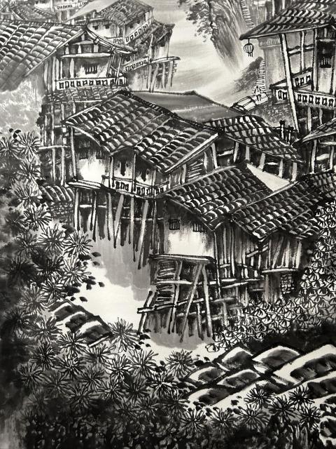 古玩字畫諸明老師精品寫生《古寨風(fēng)情》拍賣，當(dāng)前價格750元