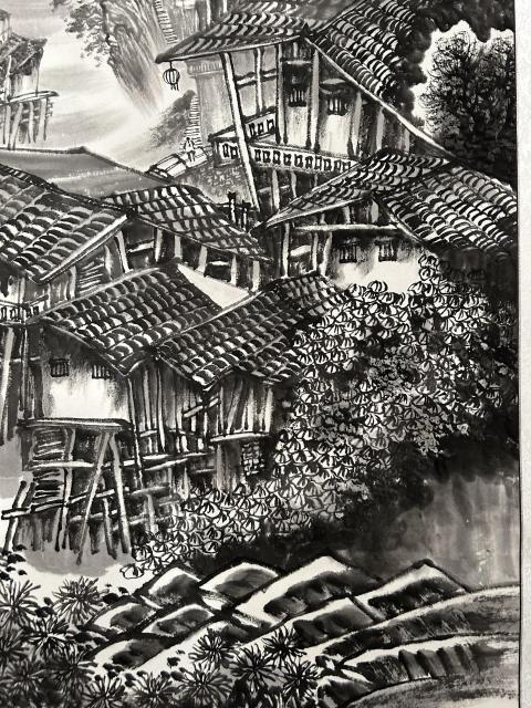 古玩字畫諸明老師精品寫生《古寨風(fēng)情》拍賣，當(dāng)前價格750元