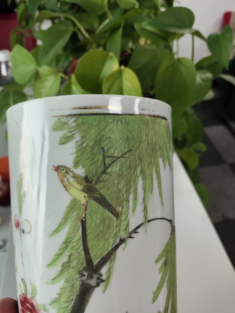古玩陶瓷柳樹黃鶯紋彩繪帽筒拍賣,當前價格400元