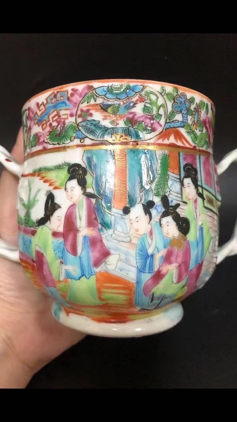 古玩陶瓷清道光 細路廣彩通景庭院人物故事荔枝紐雙耳蓋缸拍賣,當前價格3500元