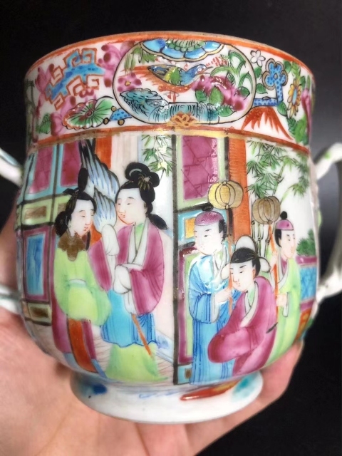 古玩陶瓷清道光 細路廣彩通景庭院人物故事荔枝紐雙耳蓋缸拍賣,當前價格3500元