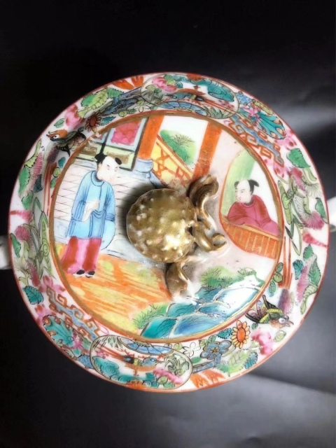 古玩陶瓷清道光 細路廣彩通景庭院人物故事荔枝紐雙耳蓋缸拍賣,當前價格3500元