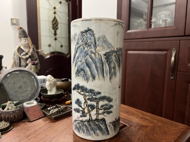 古玩陶瓷山水紋帽筒拍賣，當前價格355元