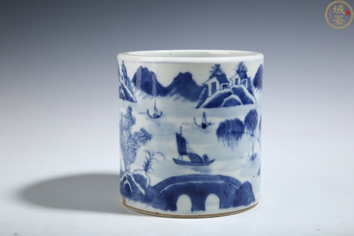 古玩陶瓷清代精品青花亭臺山水紋大筆海拍賣，當前價格7000元
