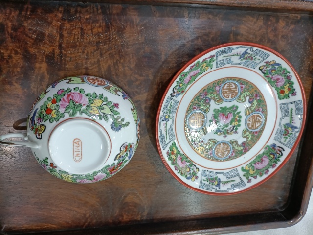 古玩陶瓷廣彩花鳥團壽紋杯碟拍賣,當前價格688元