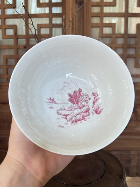 古玩陶瓷【帶證書·精品御窯廠名家款】胭脂紅彩山水人物詩文墩式碗拍賣，當前價格23000元