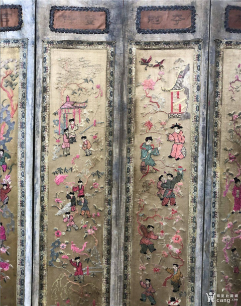 古玩雜項清代蘇百子登科繡刺繡四扇小屏風拍賣,當前價格38880元