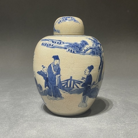 古玩陶瓷清中期煨瓷青花人物故事蓋罐拍賣，當(dāng)前價(jià)格12000元
