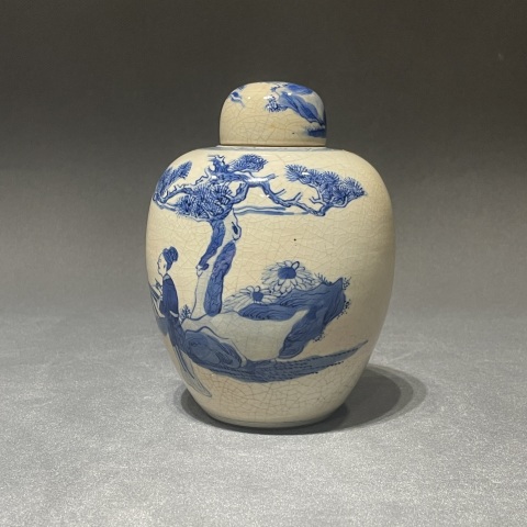 古玩陶瓷清中期煨瓷青花人物故事蓋罐拍賣，當(dāng)前價(jià)格12000元