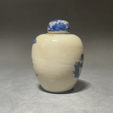 古玩陶瓷清中期煨瓷青花人物故事蓋罐拍賣，當(dāng)前價(jià)格12000元