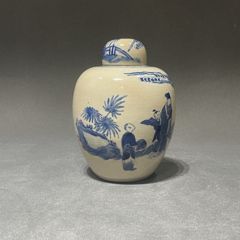 古玩陶瓷清中期煨瓷青花人物故事蓋罐拍賣，當(dāng)前價(jià)格12000元