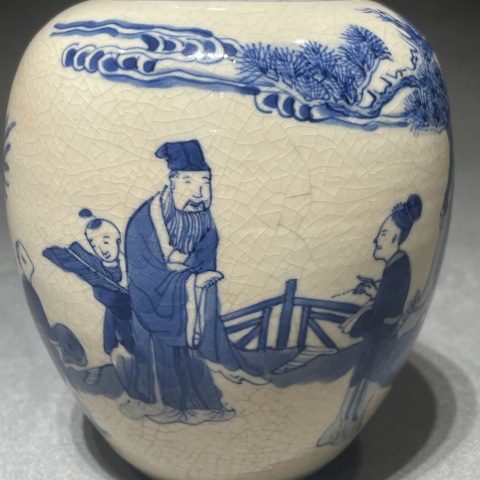 古玩陶瓷清中期煨瓷青花人物故事蓋罐拍賣，當(dāng)前價(jià)格12000元
