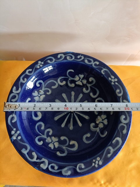 古玩陶瓷清寶石藍釉堆白花卉高足貢盤【實物保真】拍賣,當前價格880元