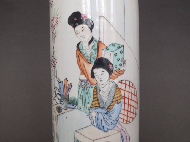 古玩陶瓷民國仕女紋彩繪帽筒拍賣，當前價格3588元