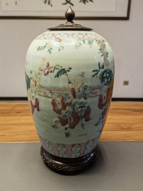 古玩陶瓷道光粉彩仕女嬰戲圖冬瓜罐拍賣，當前價格4800元