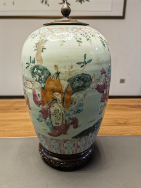 古玩陶瓷道光粉彩仕女嬰戲圖冬瓜罐拍賣，當前價格4800元