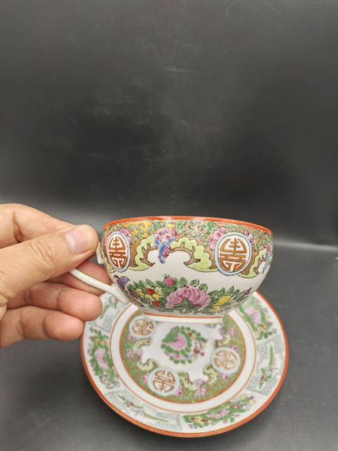 古玩陶瓷清末民初廣彩福壽紋杯碟拍賣,當前價格350元