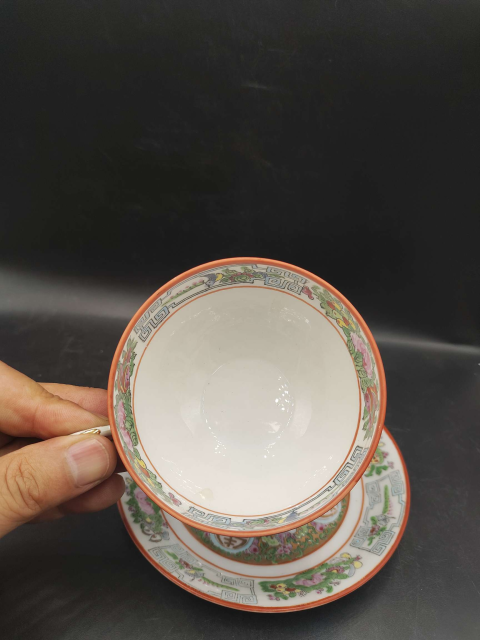 古玩陶瓷清末民初廣彩福壽紋杯碟拍賣,當前價格350元