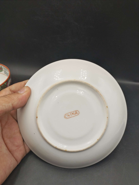 古玩陶瓷清末民初廣彩福壽紋杯碟拍賣,當前價格350元