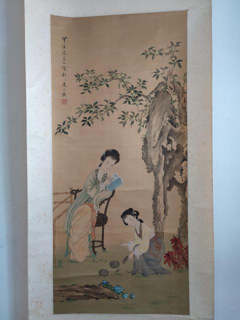 古玩字畫清末民初山陰鄭慶絹本仕女靜讀手工原裱立軸拍賣,當前價格3988元