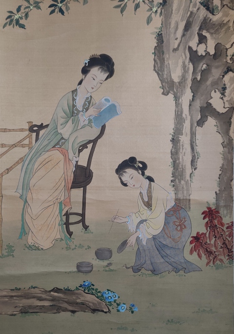 古玩字畫清末民初山陰鄭慶絹本仕女靜讀手工原裱立軸拍賣,當前價格3988元