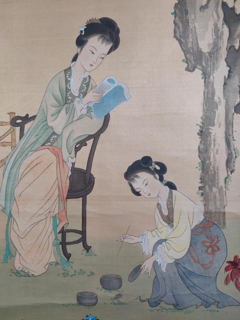 古玩字畫清末民初山陰鄭慶絹本仕女靜讀手工原裱立軸拍賣,當前價格3988元