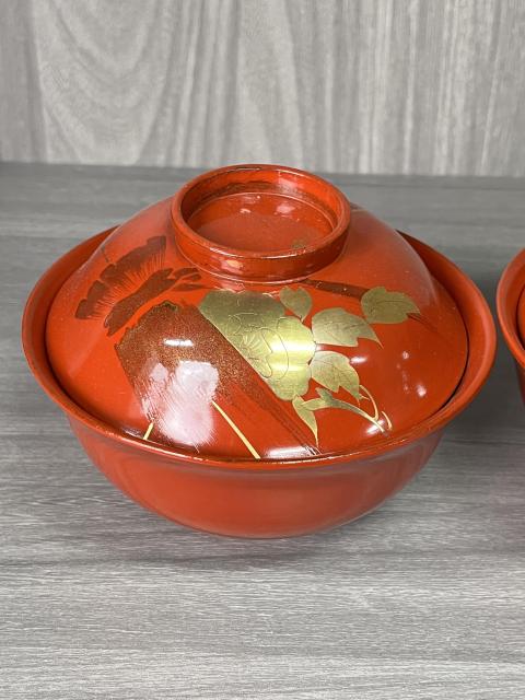 古玩雜項清晚期 描真金花卉紋木胎漆器蓋碗一對拍賣，當前價格230元