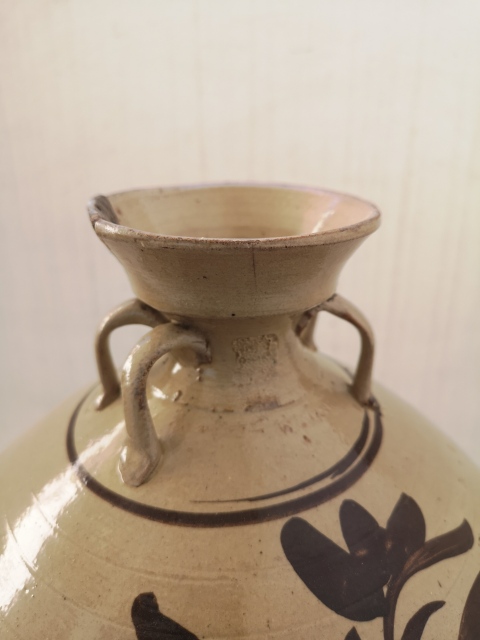 古玩陶瓷褐彩吉語紋四系壺拍賣,當(dāng)前價格750元