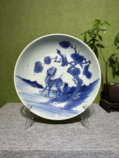 古玩陶瓷清代雍正青花抬頭見喜紋盤拍賣，當前價格26000元