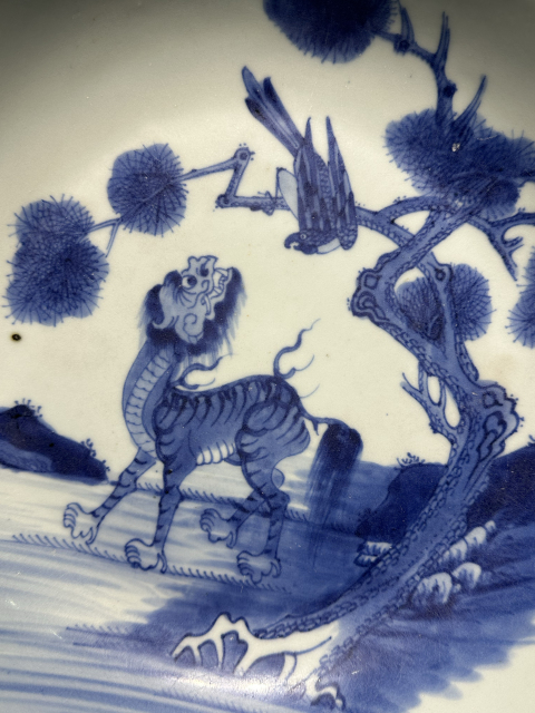 古玩陶瓷清代雍正青花抬頭見喜紋盤拍賣，當前價格26000元