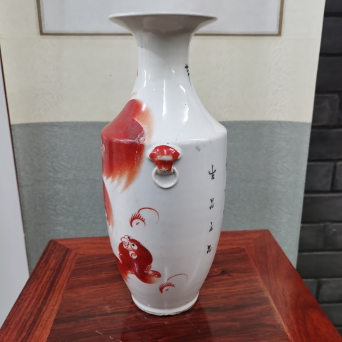 古玩陶瓷民國雙鋪首礬紅太師少保撇口瓶拍賣,當前價格2680元