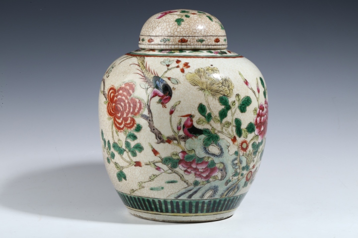 古玩陶瓷精品粉彩牡丹錦雞蓋罐拍賣，當前價格5800元