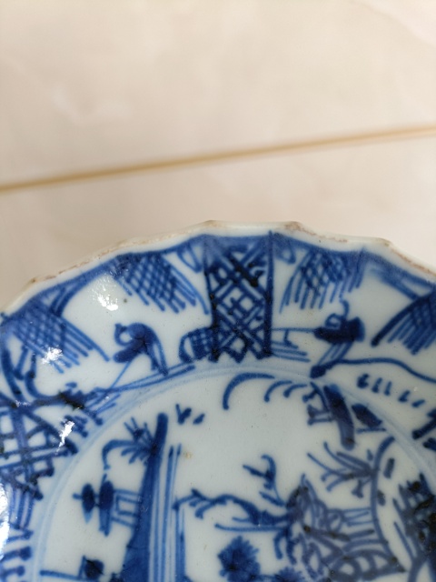 古玩陶瓷康熙青花山水人物紋花口小賞盤拍賣，當前價格280元