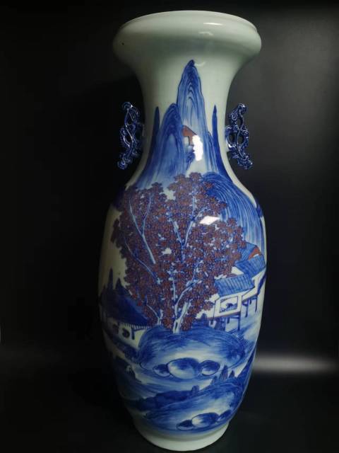 古玩陶瓷青花釉里紅山水人物紋洗口瓶拍賣,當前價格16000元