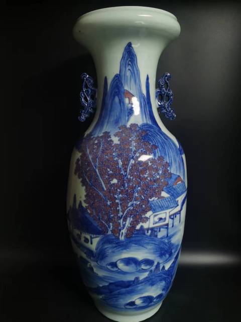 古玩陶瓷青花釉里紅山水人物紋洗口瓶拍賣,當前價格16000元