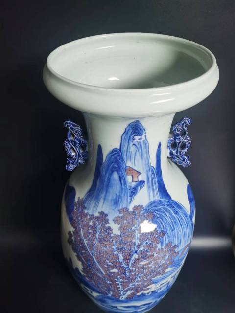古玩陶瓷青花釉里紅山水人物紋洗口瓶拍賣,當前價格16000元