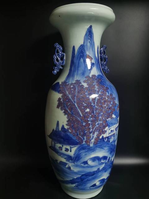 古玩陶瓷青花釉里紅山水人物紋洗口瓶拍賣,當前價格16000元