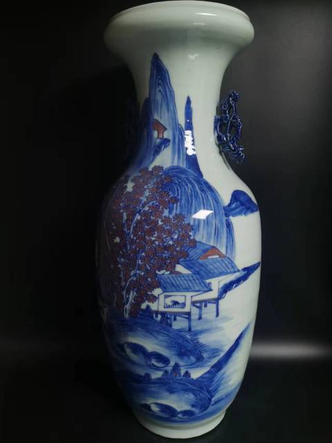 古玩陶瓷青花釉里紅山水人物紋洗口瓶拍賣,當前價格16000元