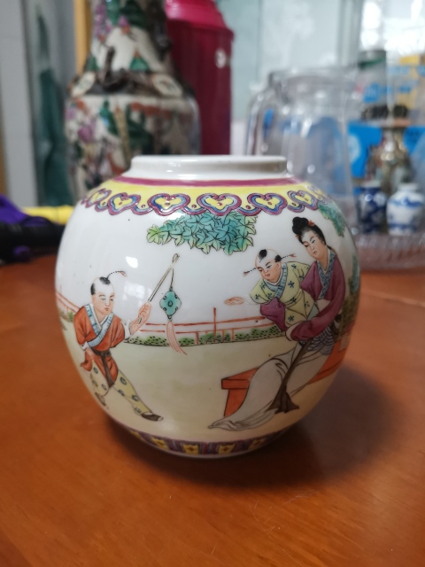 古玩陶瓷三娘教子圖粉彩蓋罐拍賣,當前價格788元